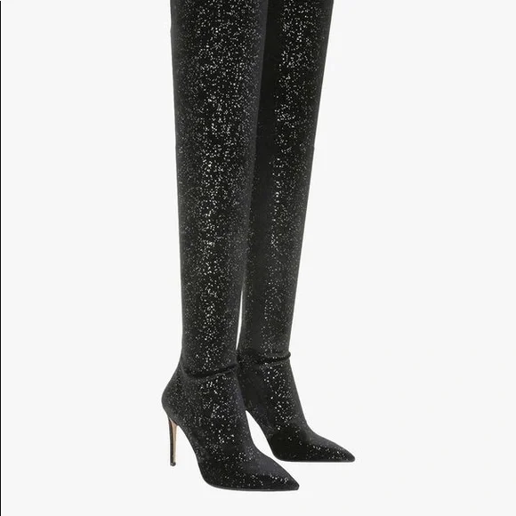 BALMAIN Amazone Thigh-High Glitter Velvet Boots - Picture 1 of 15